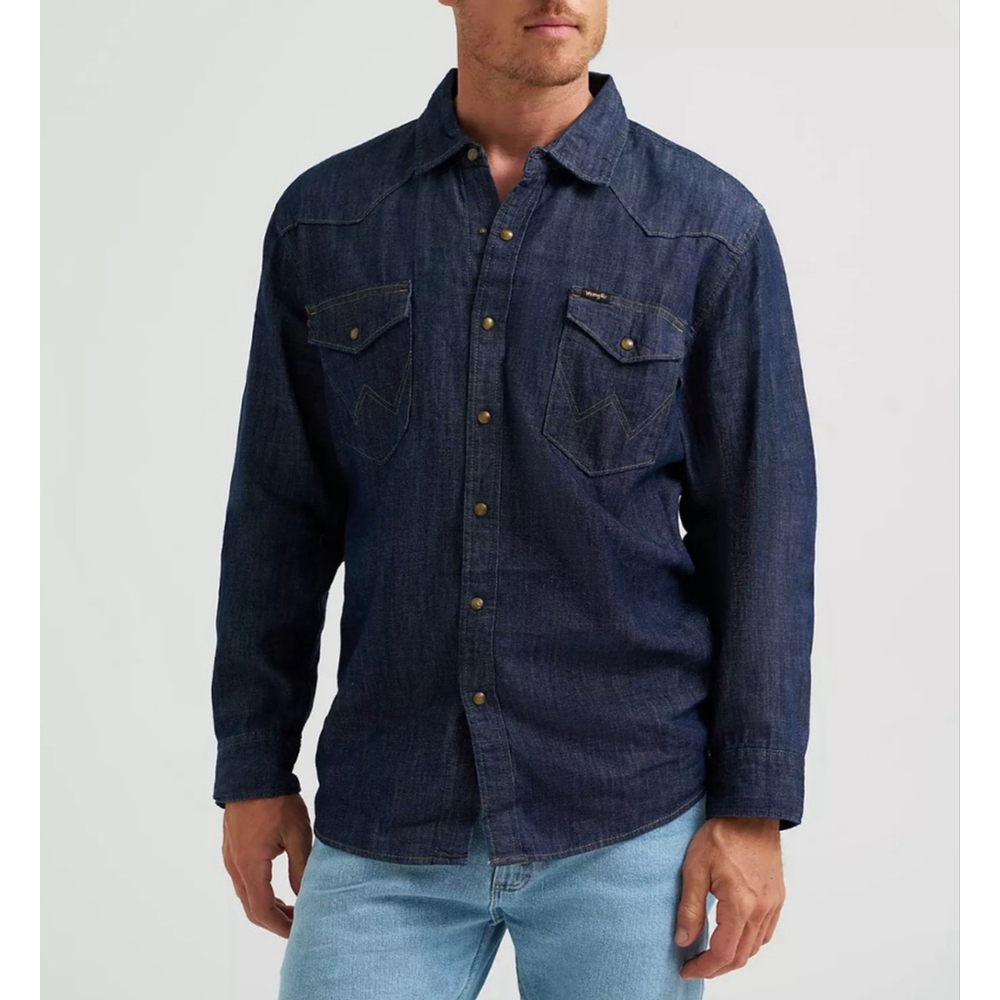 Men's Wrangler Blue Denim Casual Button Down Shirt L